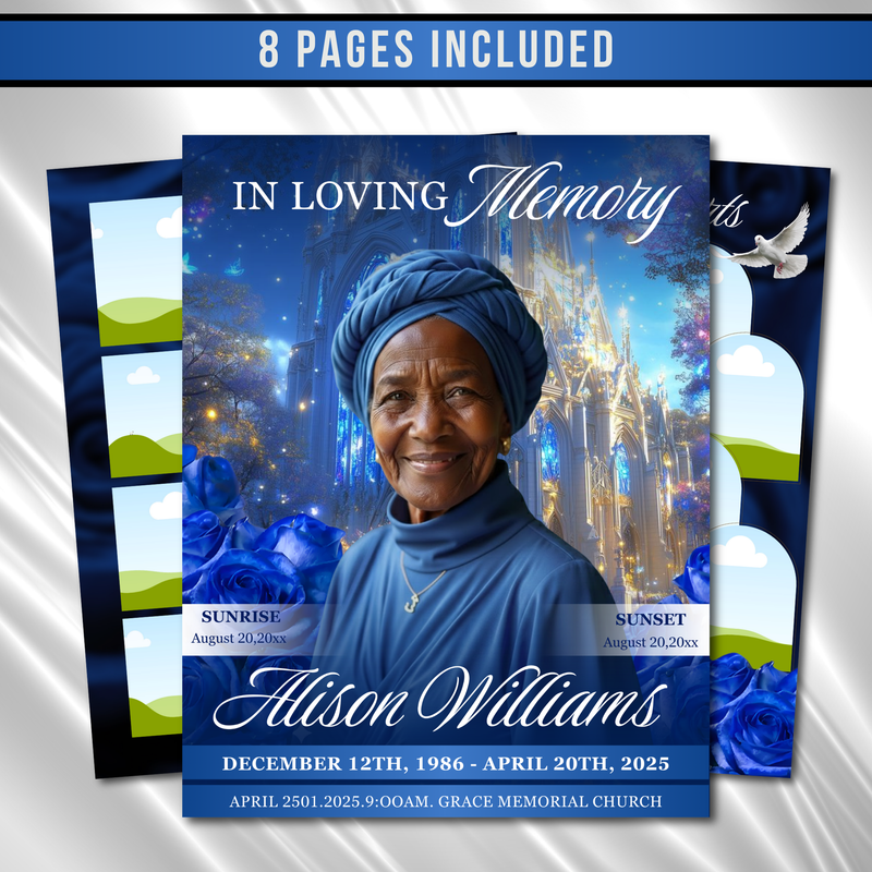Blue Floral Funeral Program Template, 8-Page Memorial (Canva, PDF)