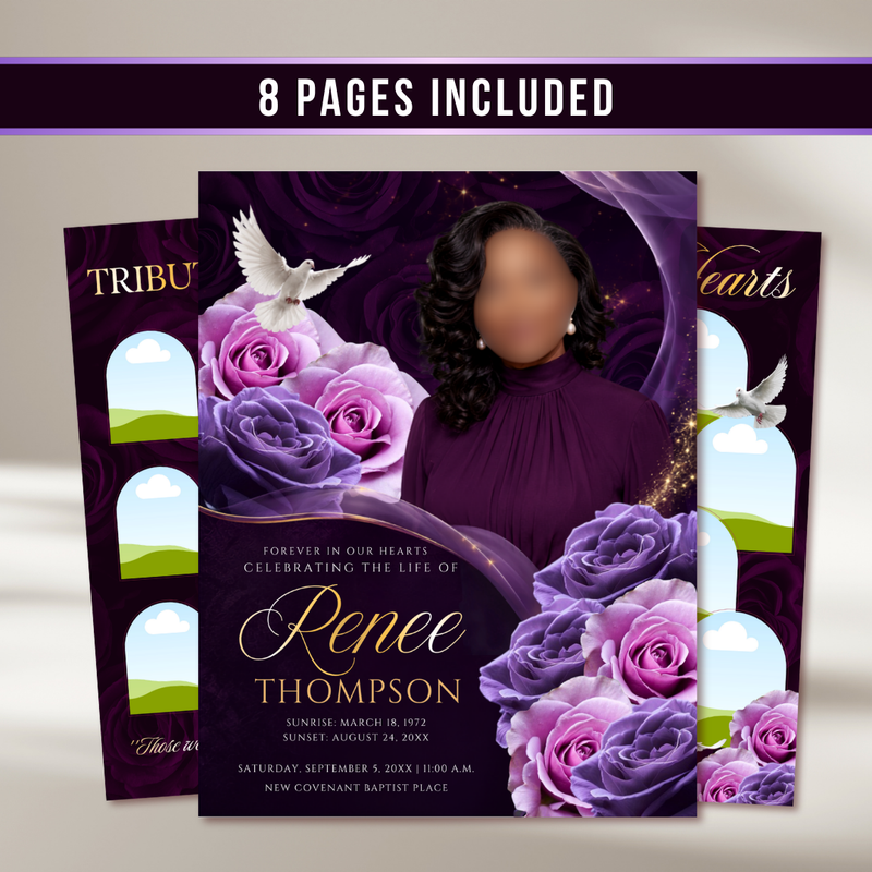 Purple Roses Funeral Program Template: 8-Page Memorial (Canva PDF)