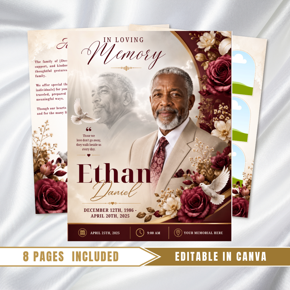 Red & White Roses Funeral Program Template: 8-Page Memorial (Canva PDF Download)