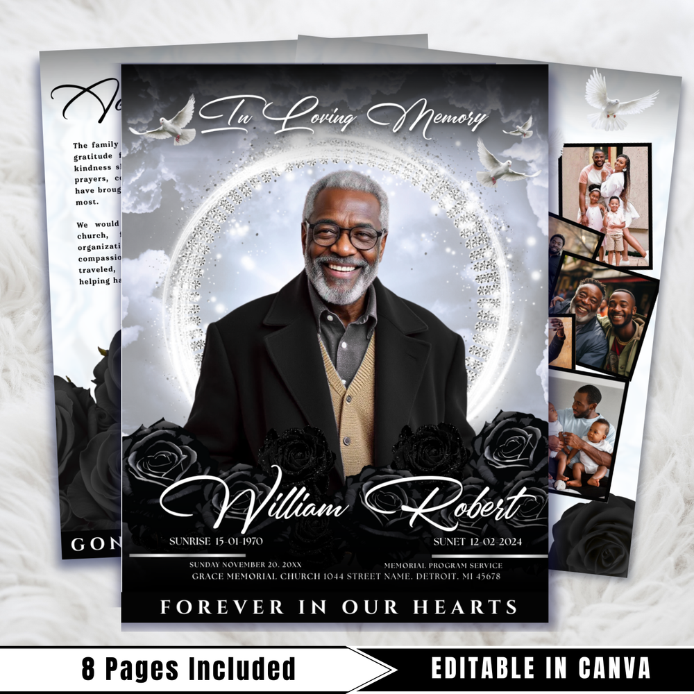 Black Roses Funeral Program Template: 8-Page Memorial, Celebration of Life (Canva Template, PDF Download)