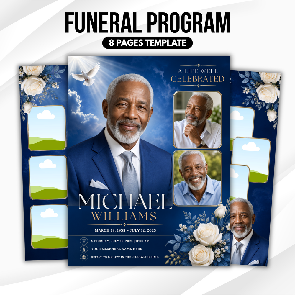Blue Funeral Program Template, 8-Page Memorial (Canva, PDF)