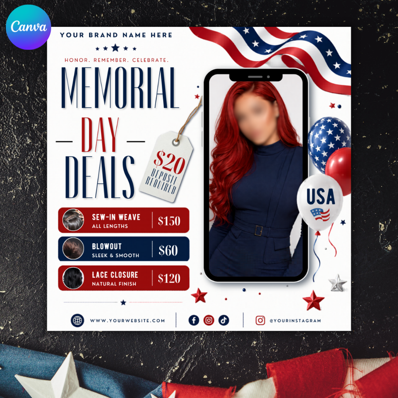 Memorial Day Booking Flyer, Memorial Day Special, May Booking, Memorial Day Exclusive Offer, Makeup, Hair, Lashes, Nails, Canva Editable