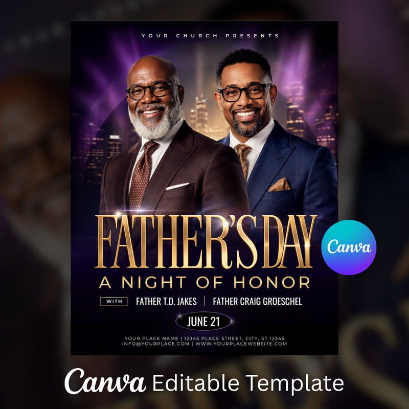 Father’s Day Flyer Template for Night of Honor, Event Guest Speaker Modern Purple & Gold Editable Canva