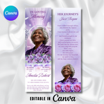 Purple Floral Memorial Bookmark Template: Funeral Keepsake (Canva PDF)