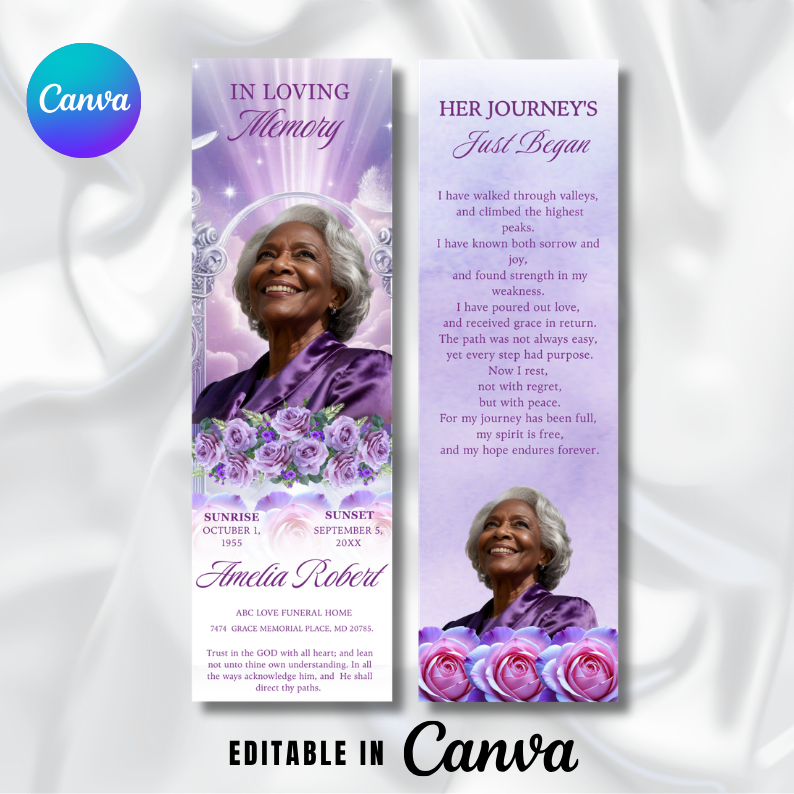 Purple Floral Memorial Bookmark Template: Funeral Keepsake (Canva PDF)