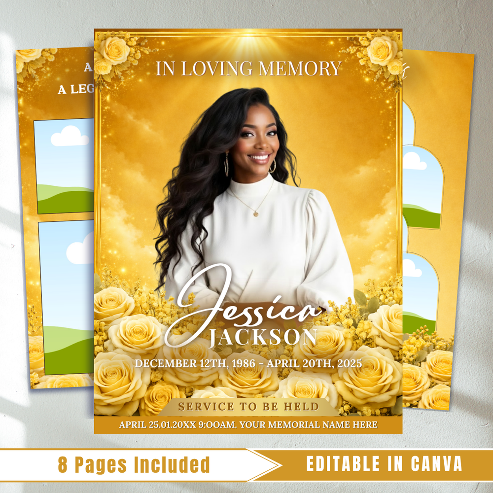 Gold Roses Funeral Program Template: 8-Page Memorial (Canva, PDF Download)