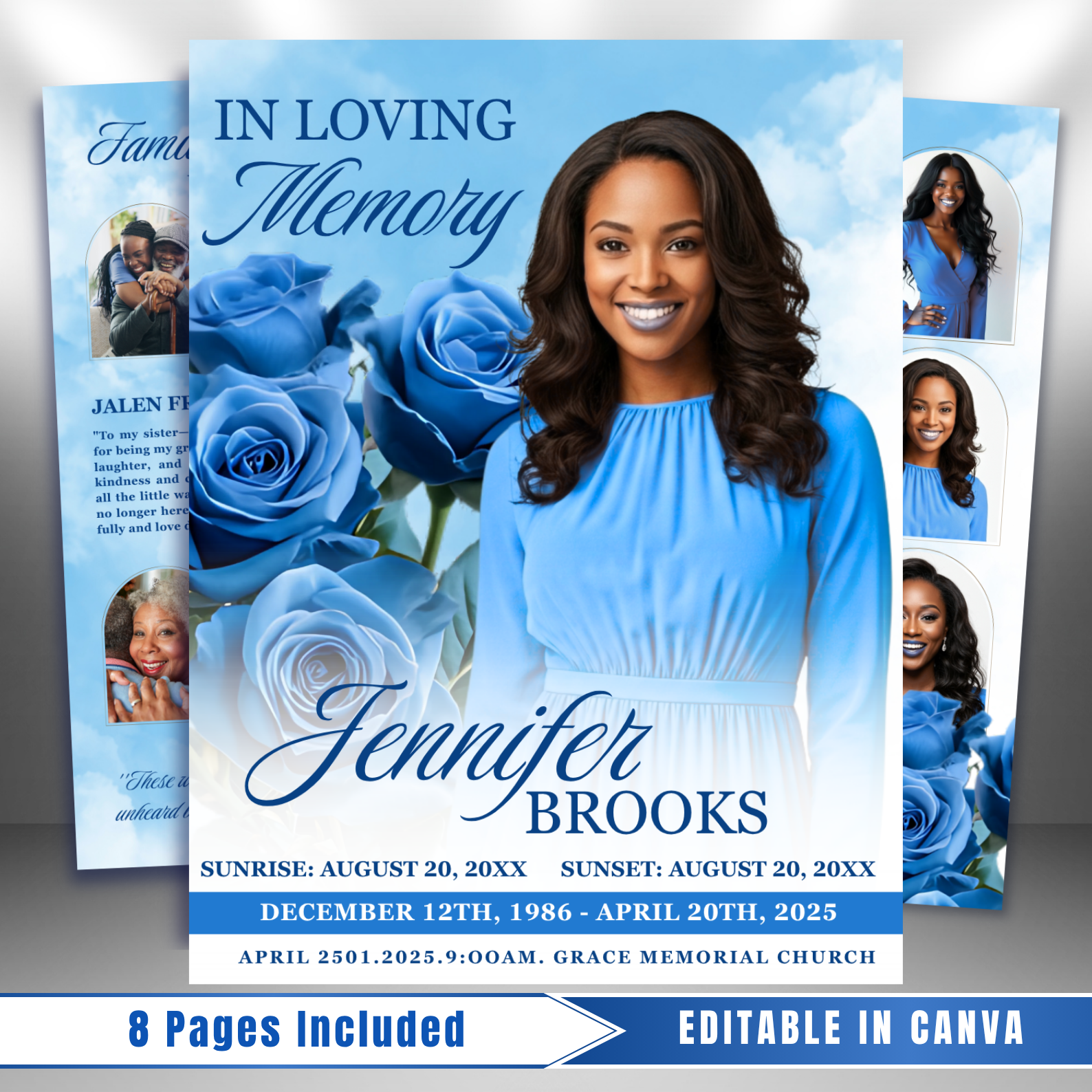 Blue Roses Funeral Program Template: 8-Page Memorial (Canva, PDF Downl ...