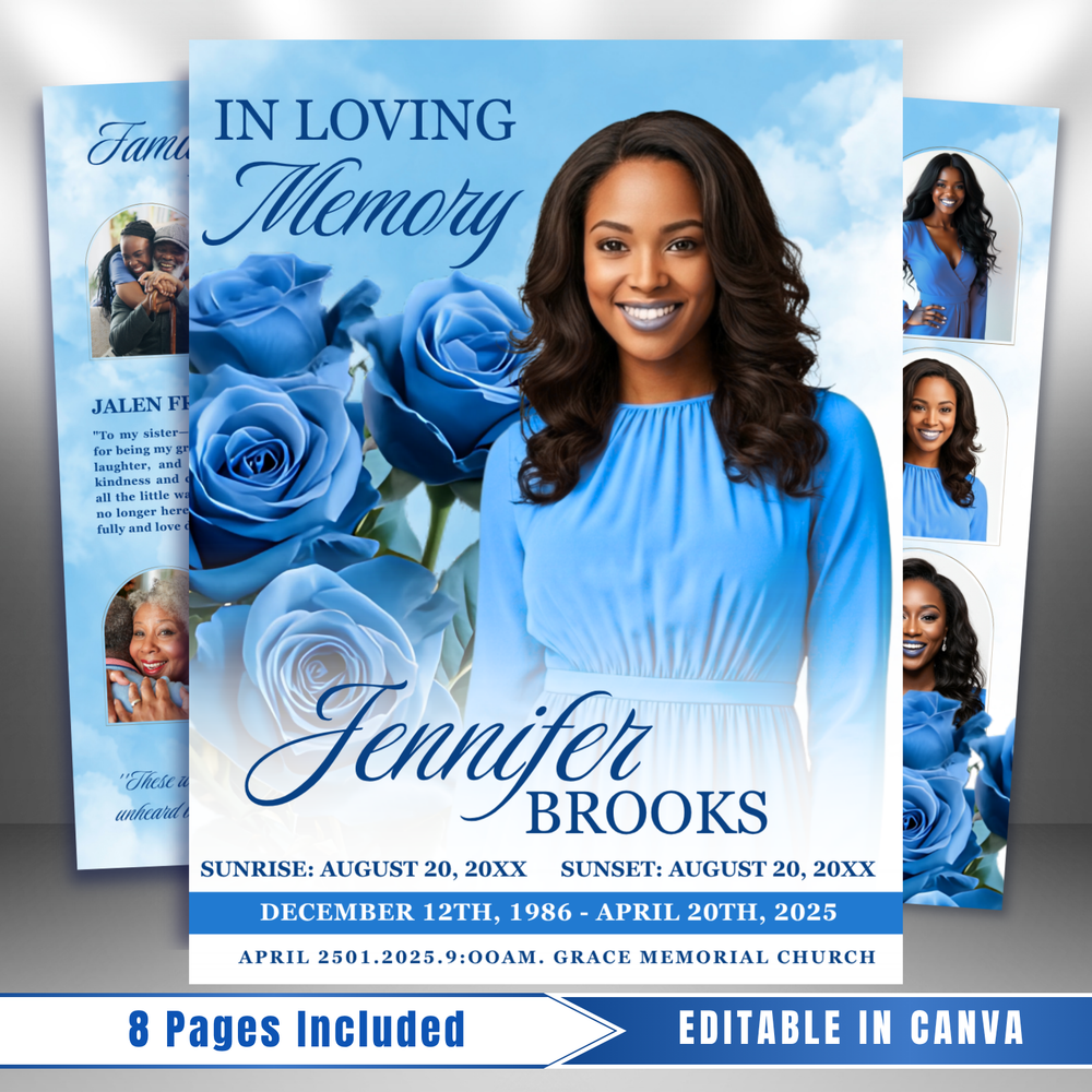 Blue Roses Funeral Program Template: 8-Page Memorial (Canva, PDF Download)
