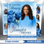 Blue Roses Funeral Program Template: 8-Page Memorial (Canva, PDF Download)