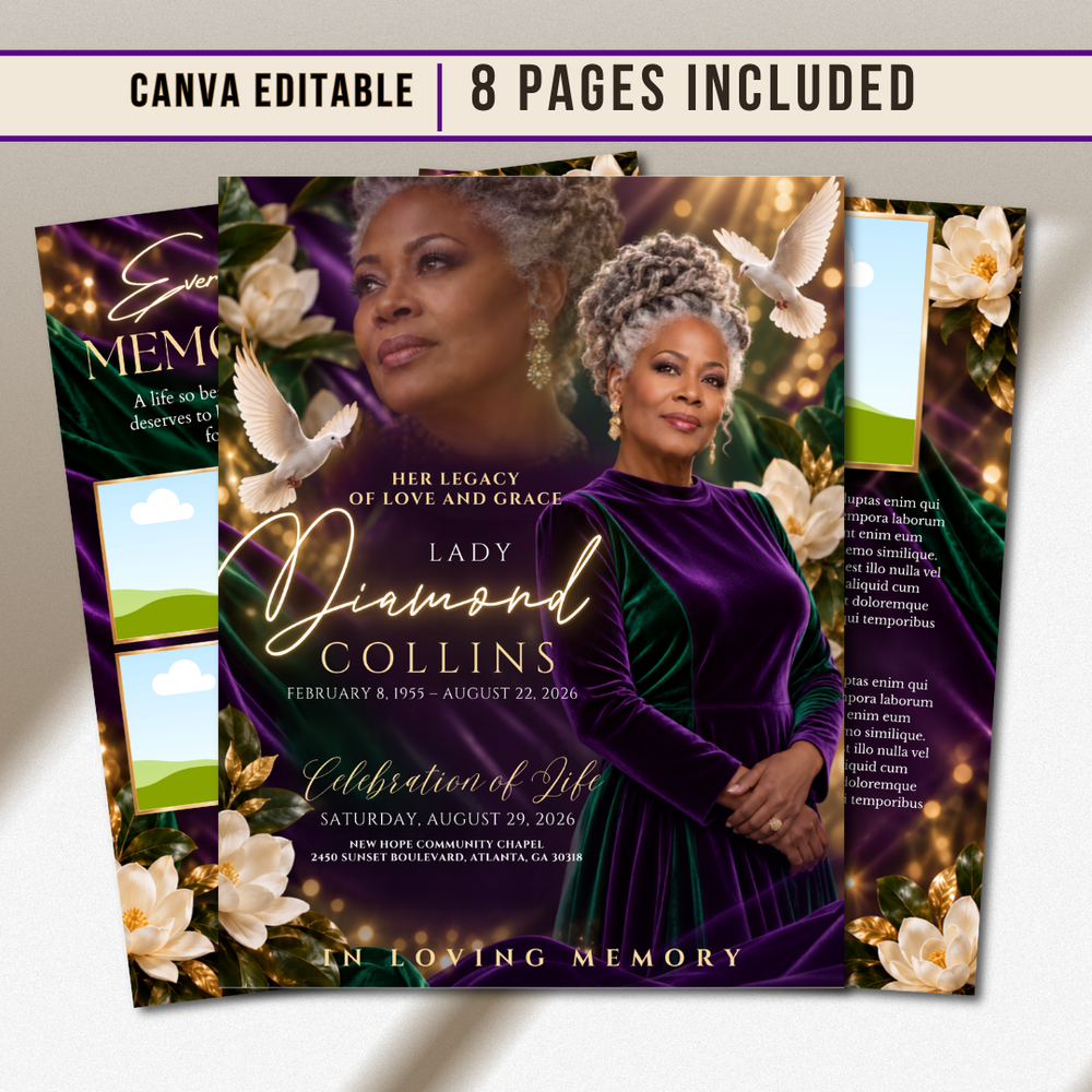 Purple Funeral Program Canva Template | 8 Page Memorial Booklet