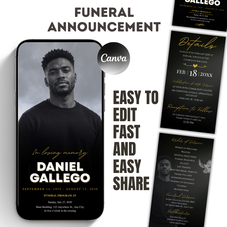 Memorial Announcement Canva Template | Editable Funeral Invitation | Celebration of Life with Photo