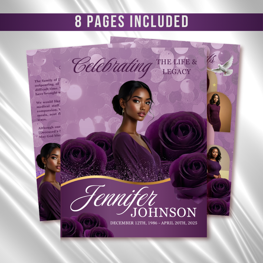 Purple Roses Funeral Program Template: Celebration of Life (Canva, 8 Pages, Digital Download)
