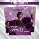 Purple Roses Funeral Program Template: Celebration of Life (Canva, 8 Pages, Digital Download)