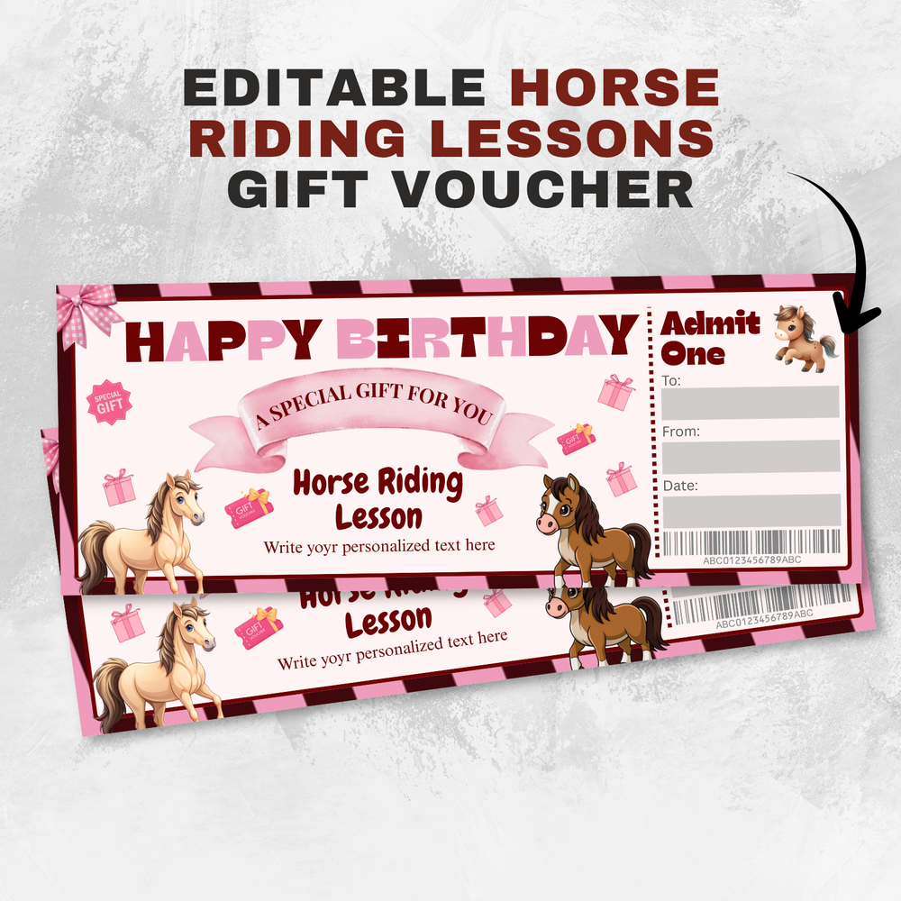 Horse Riding Lessons Gift Voucher, Editable Birthday Ticket (Canva PDF)