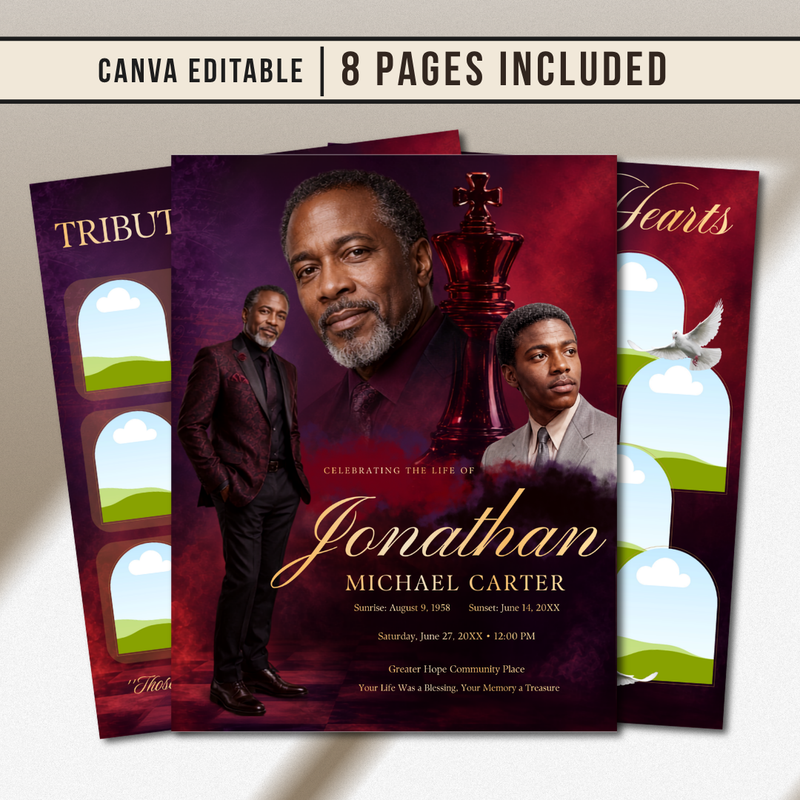 Red & Purple Funeral Program Canva Template | Red and Purple Theme | 8 Page Memorial Booklet
