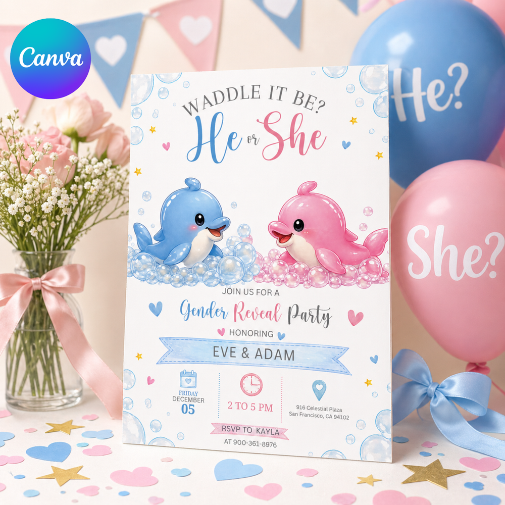 Dolphin Gender Reveal Invitation, Waddle It Be Invite, Baby Boy Or Girl, Printable Spring Party Template, He Or She