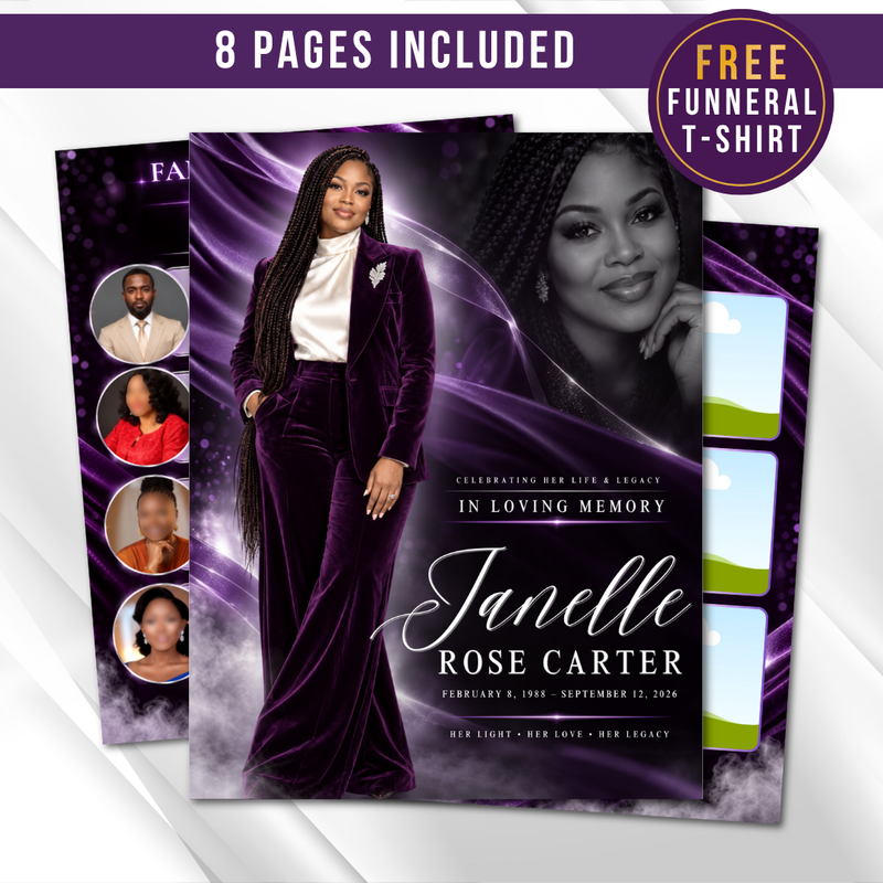 Purple Funeral Program Template, 8-Page Memorial (Canva, PDF)