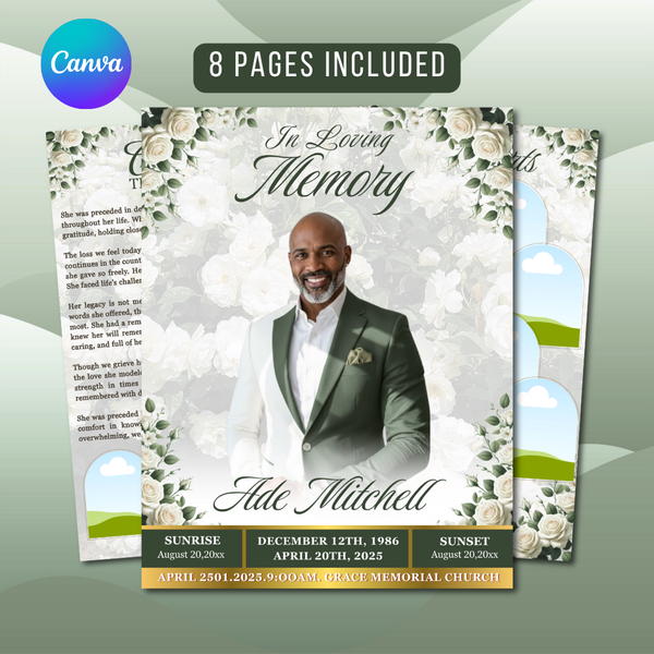 Funeral Program With Green Roses White Roses Funeral Program Template, 8 Page Memorial (Canva ...