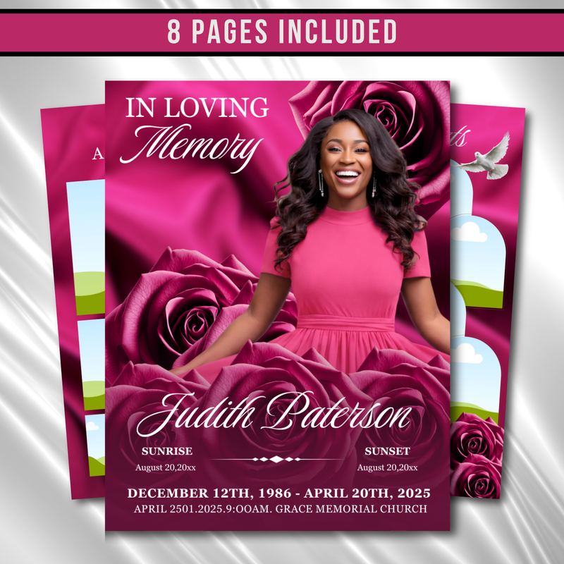 Pink Roses Funeral Program Template: 8-Page Memorial (Canva PDF)