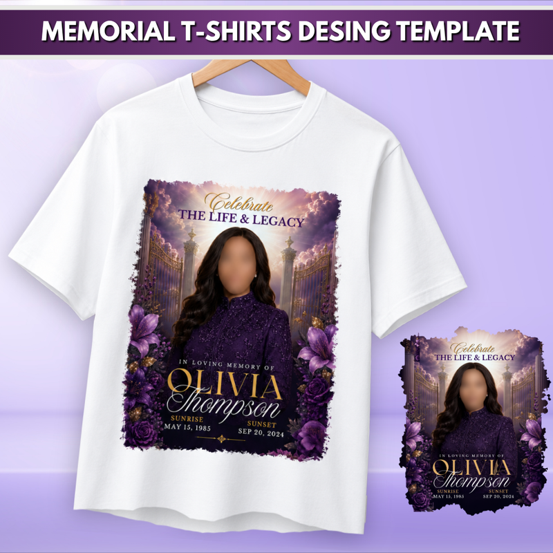 Purple Flowers Memorial T-Shirts Template, In Loving Memory, Funeral Background, Funeral Celebration, Canva