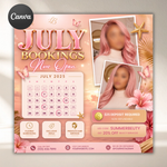 July Booking Flyer, July Books Open, Summer, Hair, Nails, Lash, Makeup, Appointment (Canva Template)