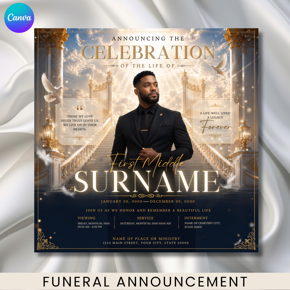 Blue & Gold Funeral Announcement Flyer, Celebration of Life Evite (Digital Download Canva Template 1080x1080px )