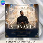 Blue & Gold Funeral Announcement Flyer, Celebration of Life Evite (Digital Download Canva Template 1080x1080px )