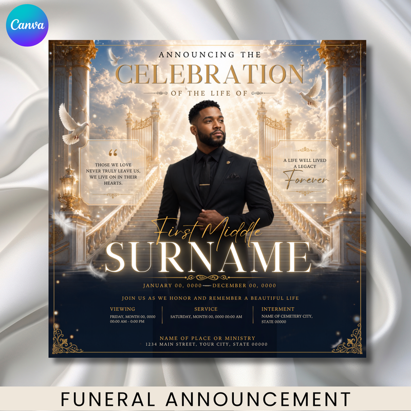 Blue & Gold Funeral Announcement Flyer, Celebration of Life Evite (Digital Download Canva Template 1080x1080px )