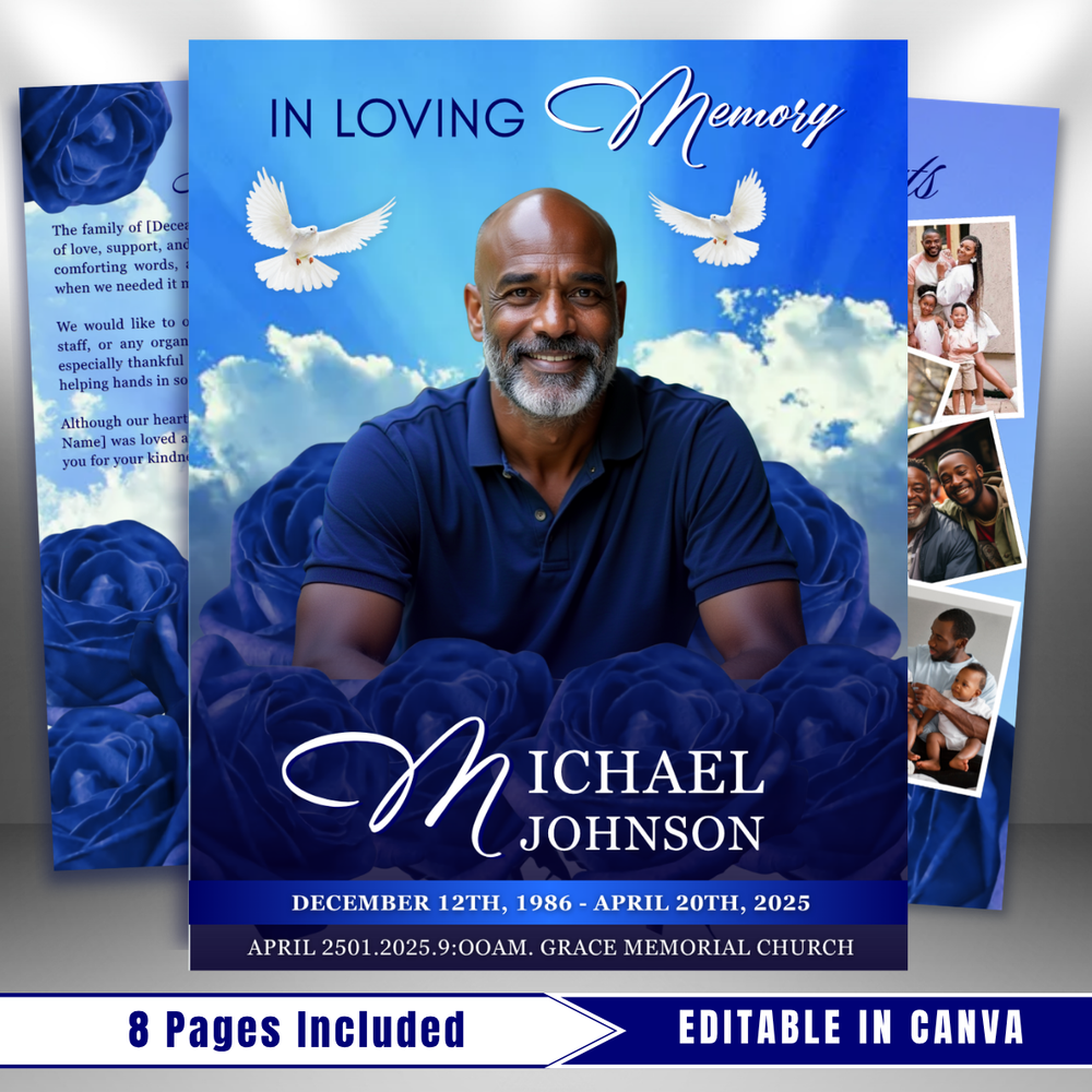 Blue Funeral Program Template: 8-Page Memorial, Celebration of Life (Canva, PDF Download)