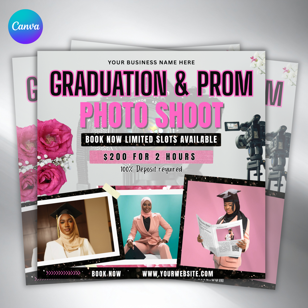 Graduation & Prom Photoshoot Flyer Template: Customizable Canva Design