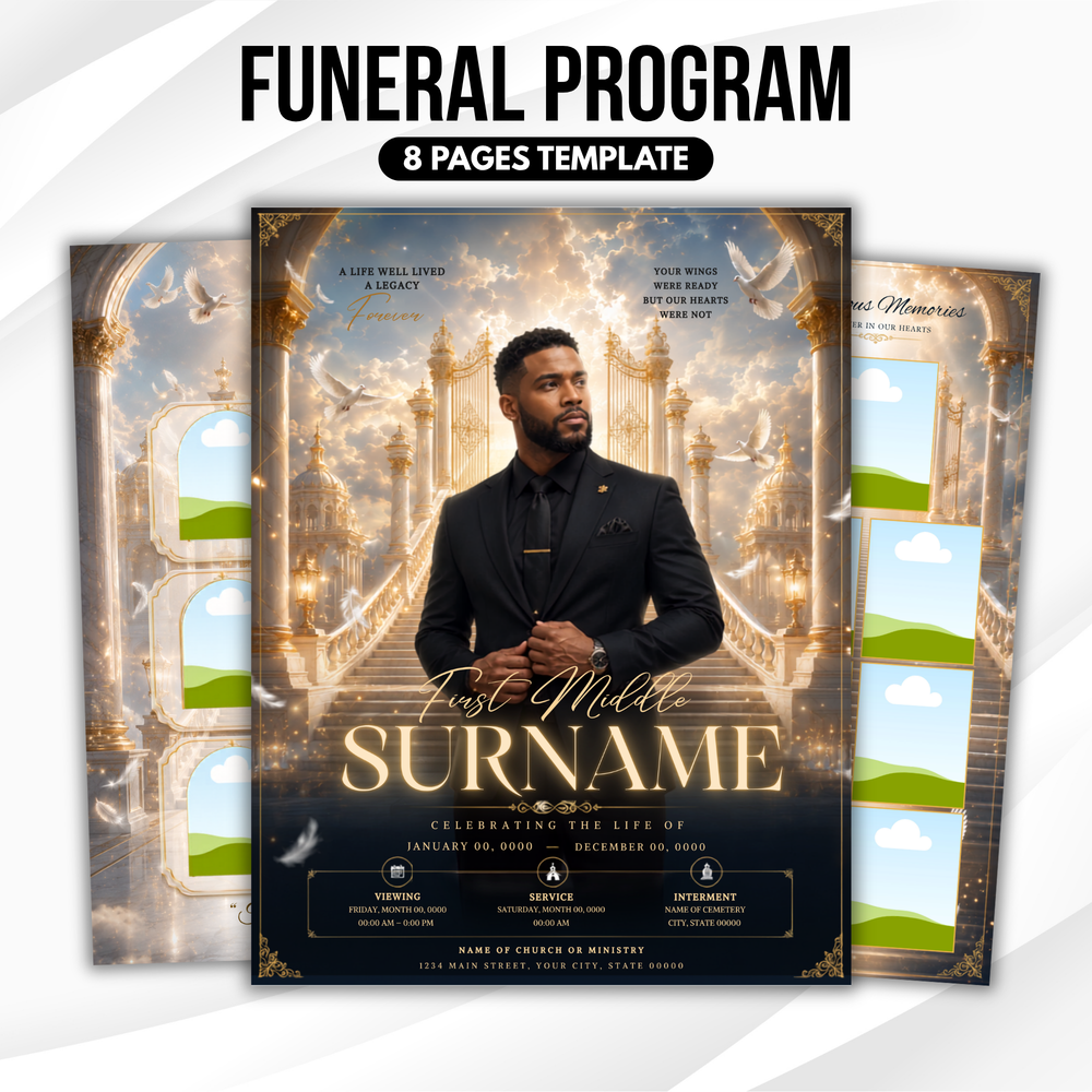 Blue & Gold Floral Funeral Program Template, 8-Page Memorial (Canva, PDF)