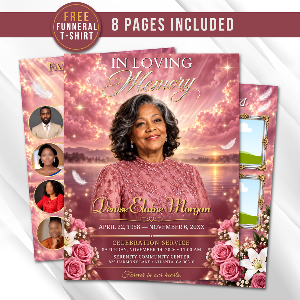 Pink & White Roses Funeral Program Template: 8-Page Memorial (Canva PDF)