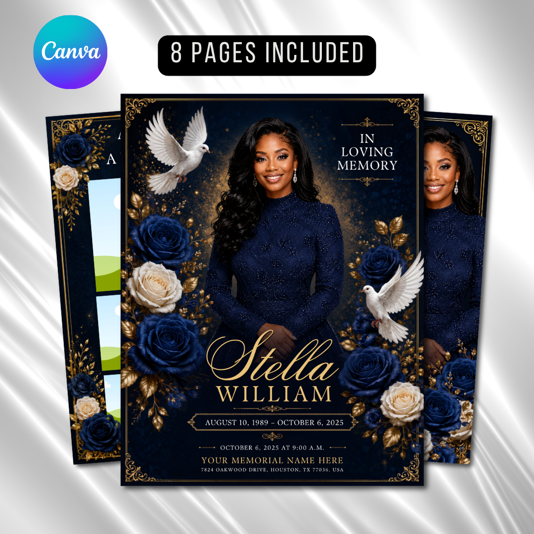 Royal Blue Roses Funeral Program Template: 8-Page Memorial (Canva PDF ...