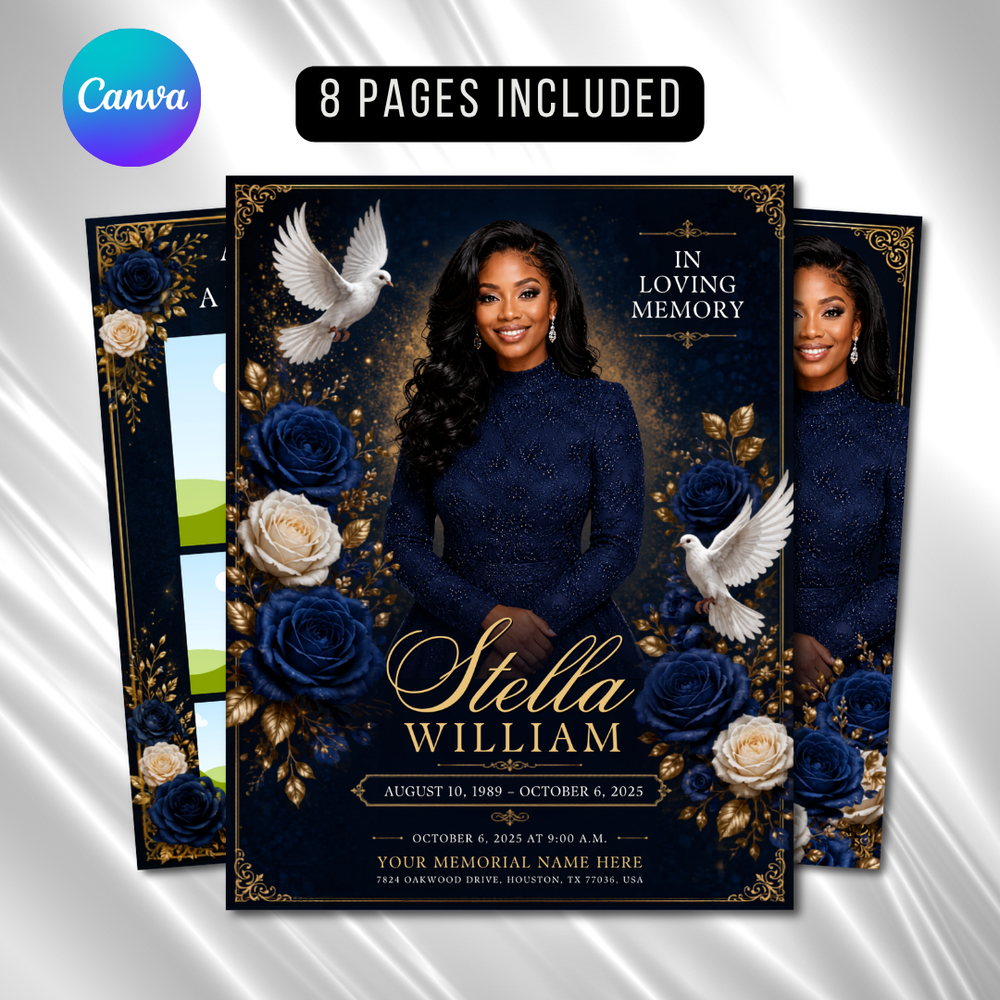 Royal Blue Roses Funeral Program Template: 8-Page Memorial (Canva PDF)