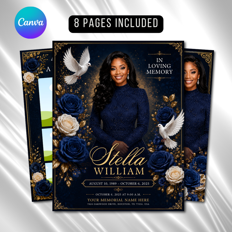 Royal Blue Roses Funeral Program Template: 8-Page Memorial (Canva PDF)