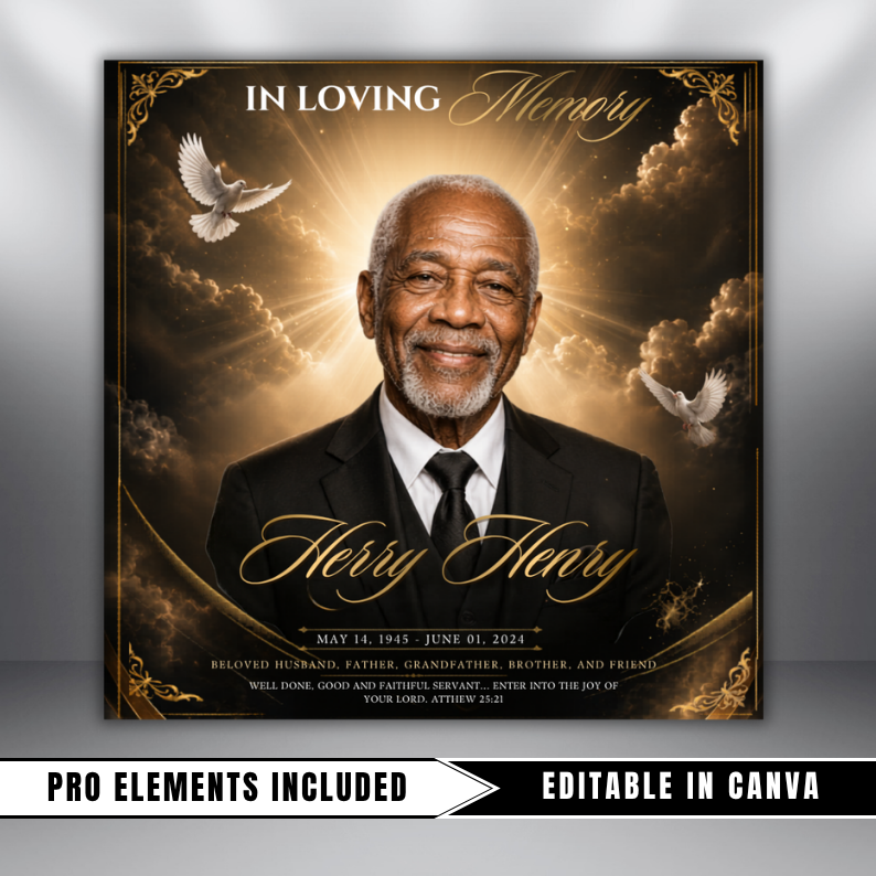 Black & Gold Funeral Announcement Flyer: Obituary, Celebration of Life (Canva Template PDF)