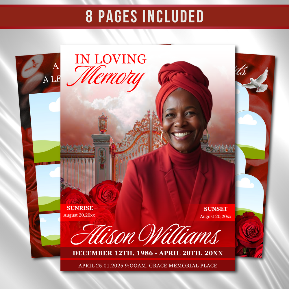 Red Floral Funeral Program Template, 8-Page Memorial (Canva, PDF)