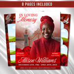 Red Floral Funeral Program Template, 8-Page Memorial (Canva, PDF)