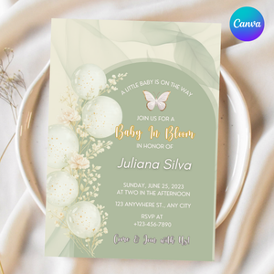 Baby in Bloom Invitation, Green Floral Baby Shower Invite, Editable Canva Template, Neutral Baby Shower Printable