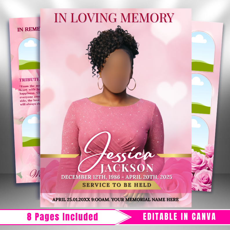 Pink Roses Funeral Program Template: 8-Page Memorial, Celebration of Life (Canva Template, PDF Download)