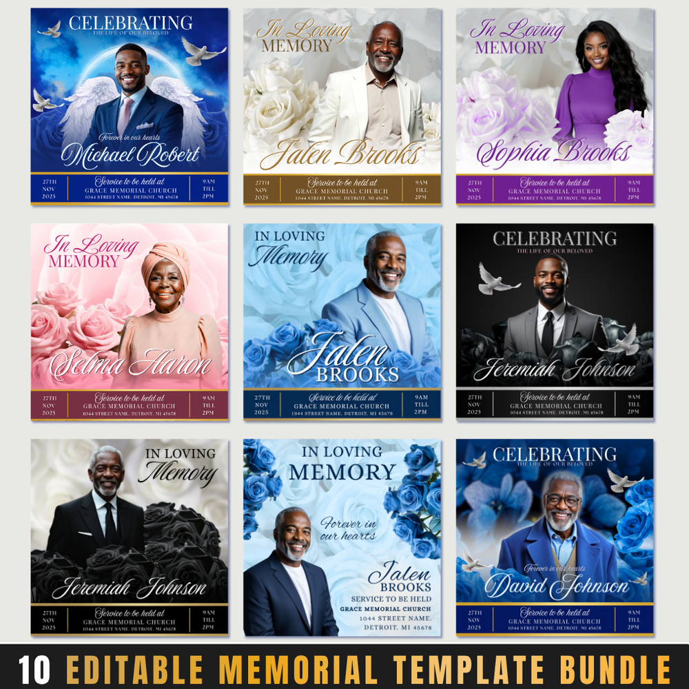 Memorial Template Bundle, Funeral Announcement Flyer: Editable Canva Template (Digital Download)