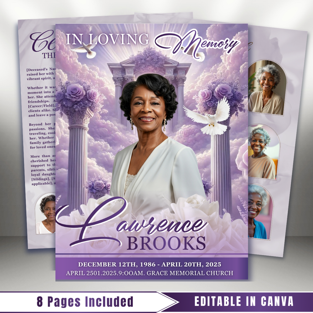 Purple Roses Funeral Program Template: 8-Page Memorial, Celebration of Life (Canva, PDF Download)