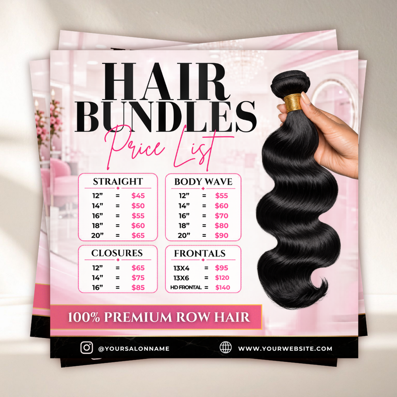 Hair Price List Flyer, Wig Install Flyer, Hair Bundles Social Media Canva Template, Hair Stylist Booking Flyer