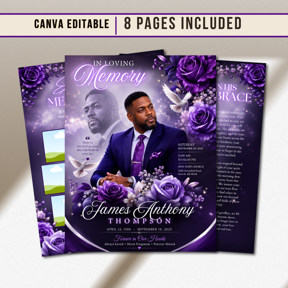 Purple Funeral Program Template: 8-Page Memorial (Canva PDF)