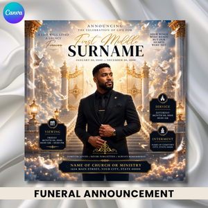 Black & Gold Funeral Announcement Flyer, Celebration of Life Evite (Digital Download Canva Template 1080x1080px )