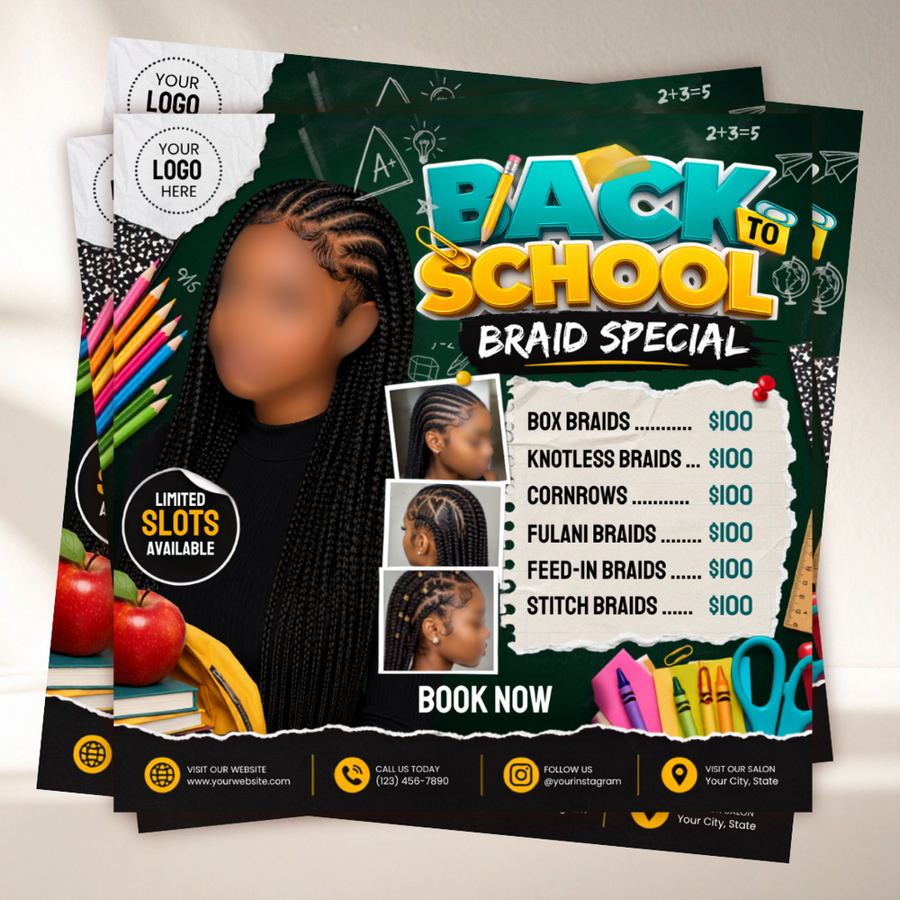 Back to School Hair Flyer: Braid Special, DIY Canva Template Canva Editable