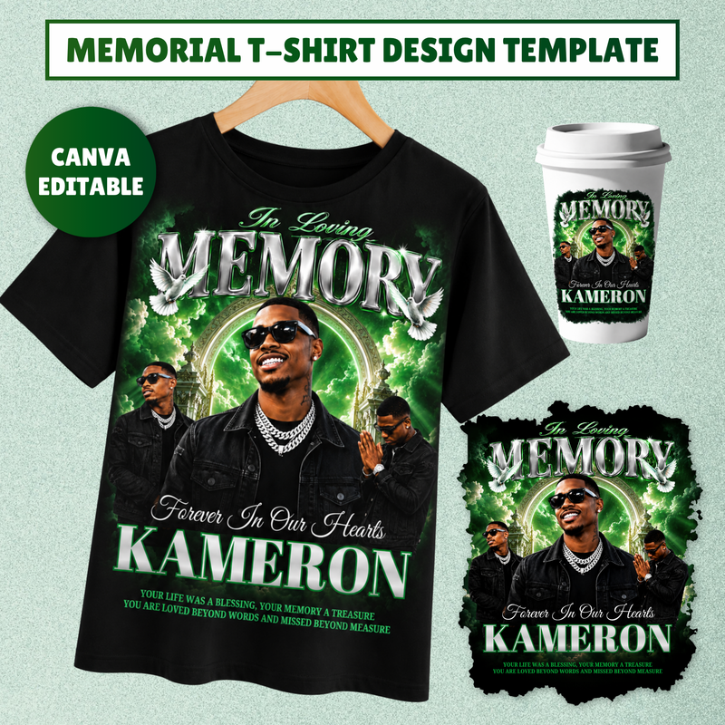 Memorial T-Shirt Canva Template, Green Heavenly In Loving Memory, Celebration of Life Design