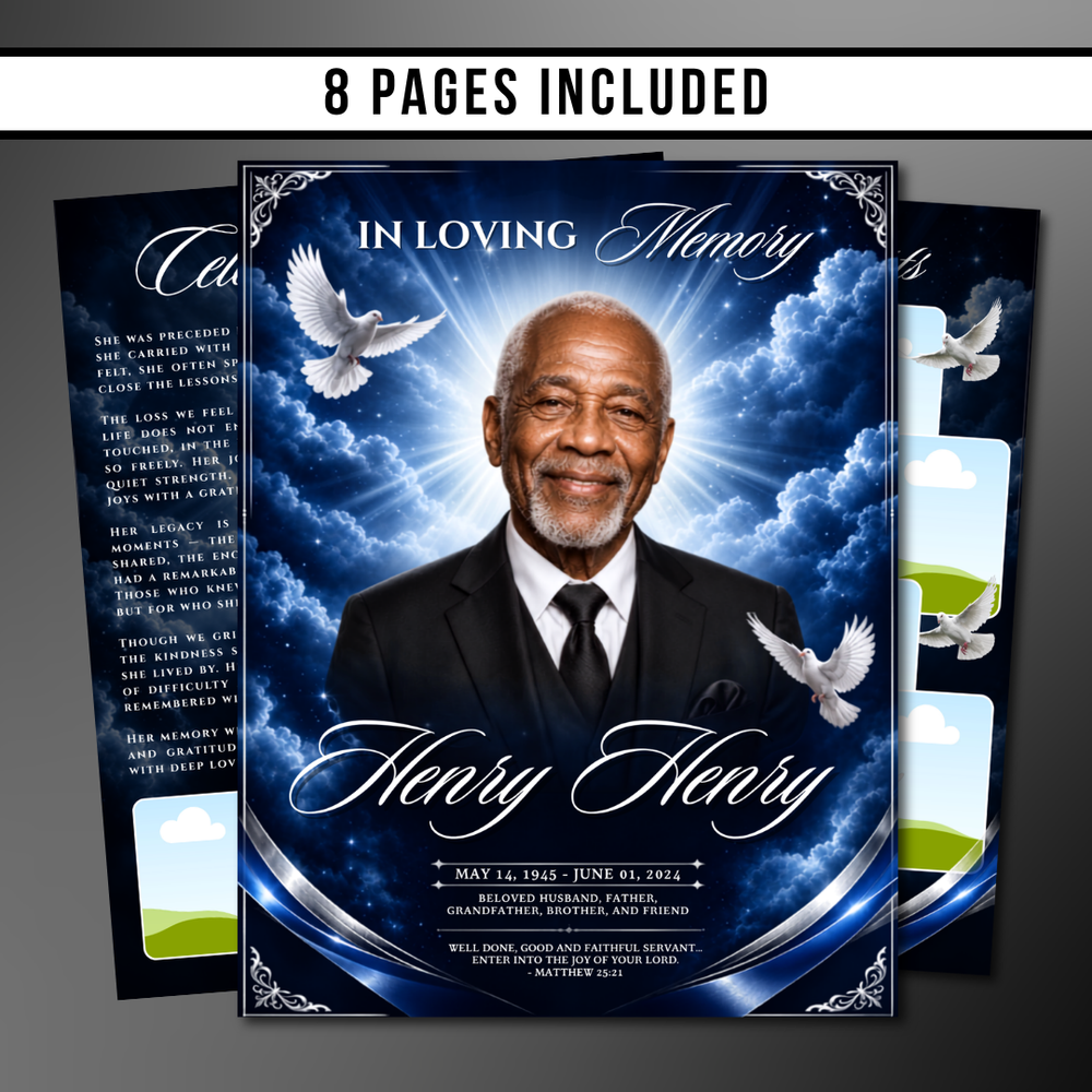 Blue Funeral Program Template: 8-Page Memorial (Canva PDF)
