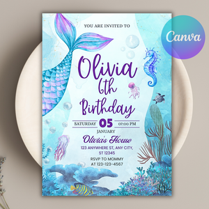 Sea Animal Birthday Invitation, Blue Illustrative Printable (Canva Editable, PDF Download)