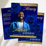 Blue & Gold Roses Funeral Program Template, Memorial Obituary (Canva Template)